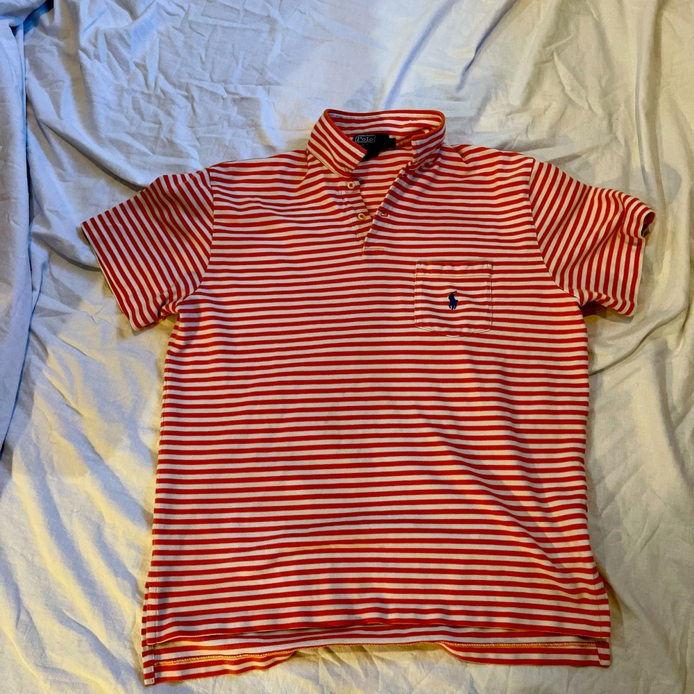 Orange white striped polo with pocket